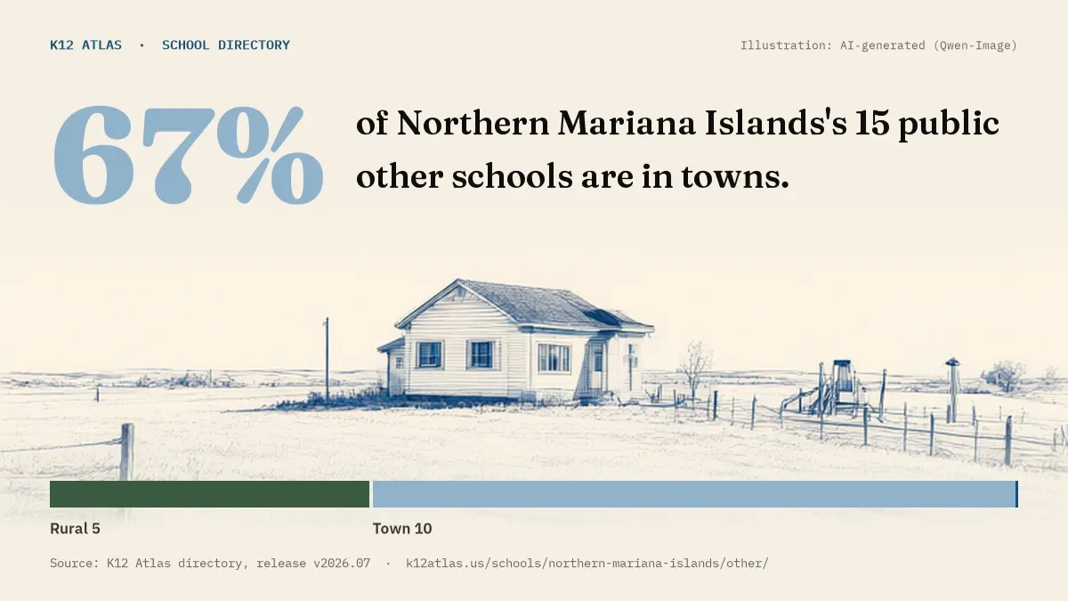 67% of Northern Mariana Islands's 15 public other schools are in towns (rural 5, town 10, suburb 0, city 0).