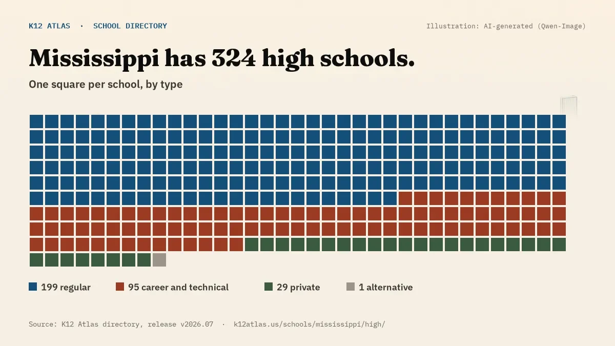 Waffle chart: Mississippi has 324 high schools, one square per school, coloured by type (Regular School 199, Career and Technical School 95, Private School 29, Alternative School 1).