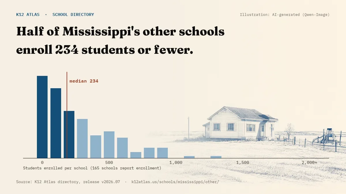 Histogram of enrollment: half of Mississippi's other schools enroll 234 students or fewer (165 schools report enrollment).
