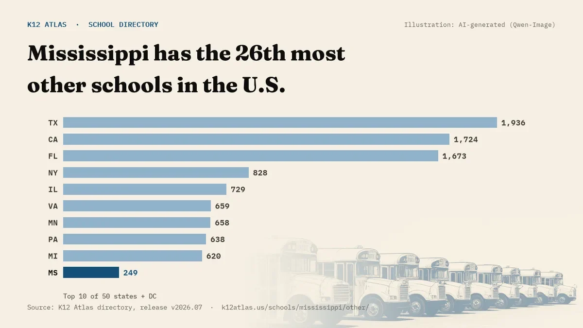 Bar chart of the states with the most other schools: Mississippi has the 26th most of the 50 states and DC, with 249.