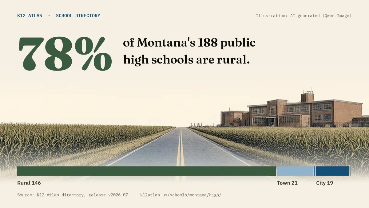 78% of Montana's 188 public high schools are rural (rural 146, town 21, suburb 1, city 19).