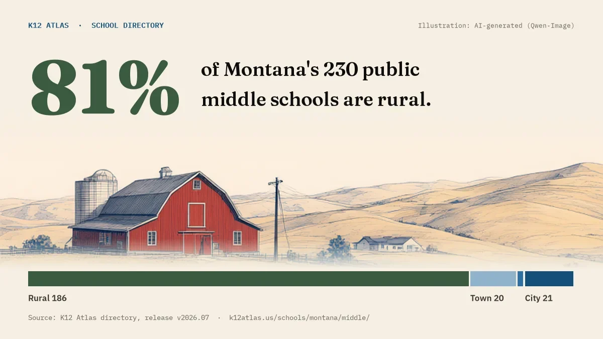 81% of Montana's 230 public middle schools are rural (rural 186, town 20, suburb 3, city 21).