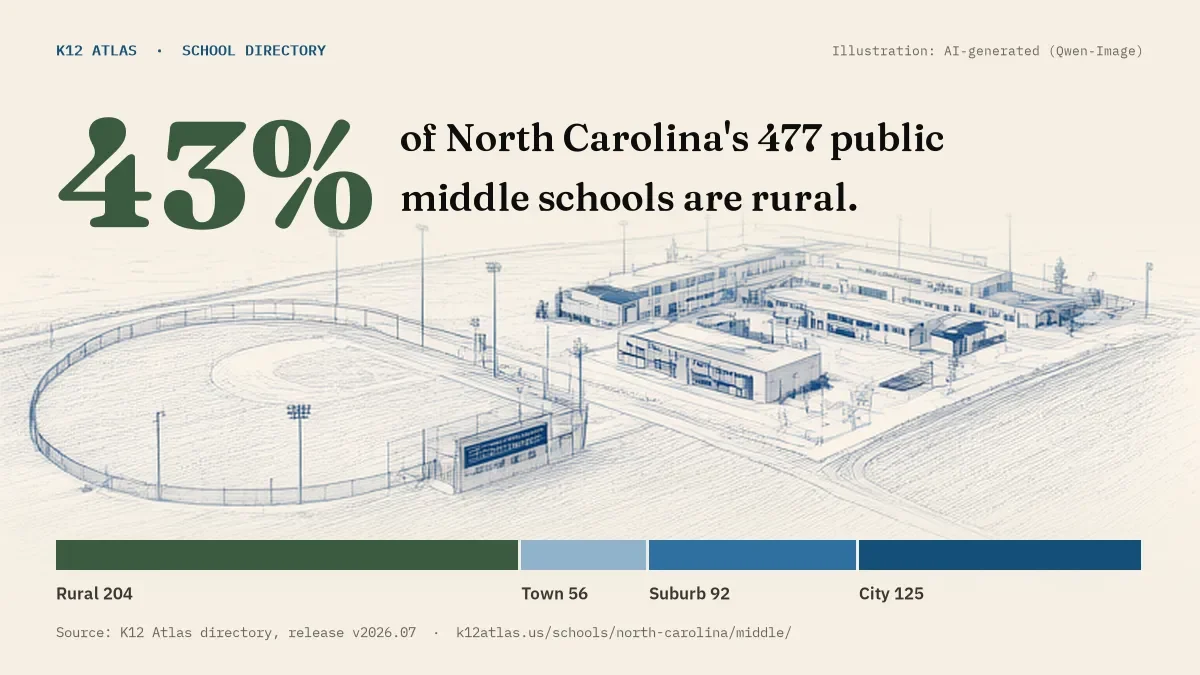 43% of North Carolina's 477 public middle schools are rural (rural 204, town 56, suburb 92, city 125).