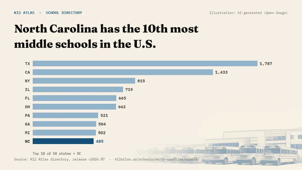 Bar chart of the states with the most middle schools: North Carolina has the 10th most of the 50 states and DC, with 485.