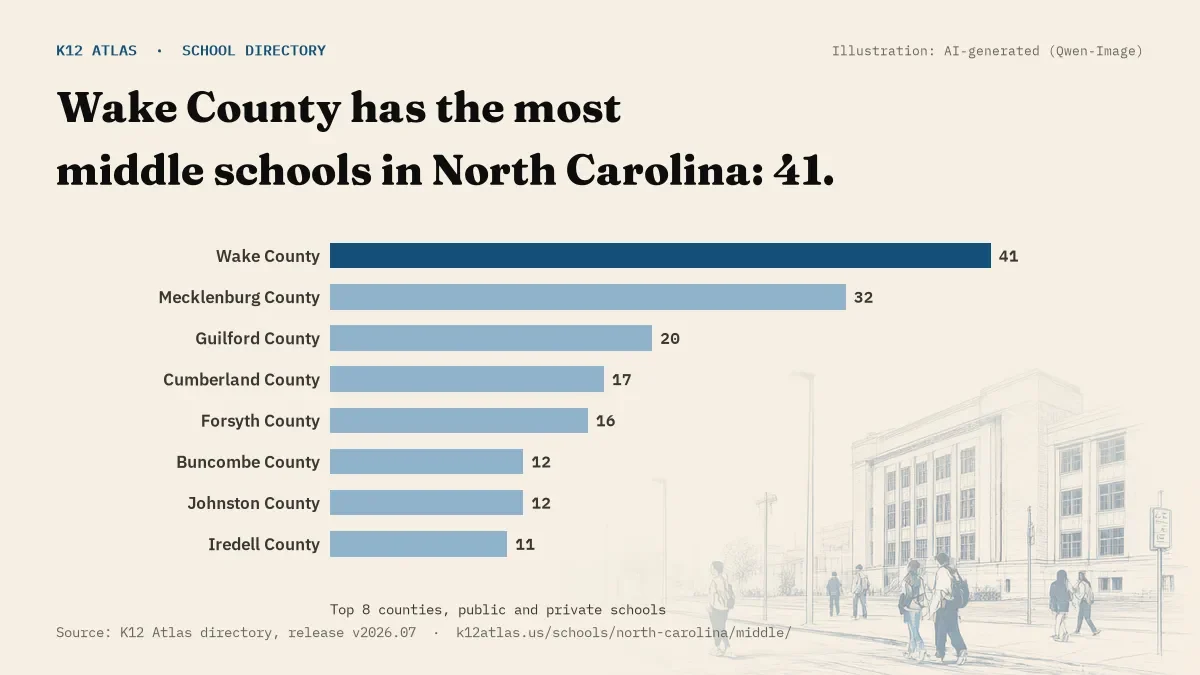 Bar chart of North Carolina counties by number of middle schools: Wake County has the most, 41.
