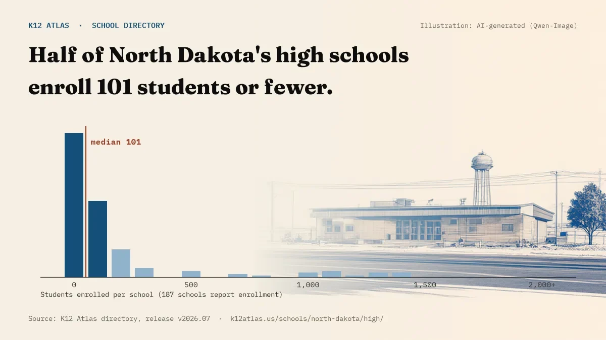 Histogram of enrollment: half of North Dakota's high schools enroll 101 students or fewer (187 schools report enrollment).