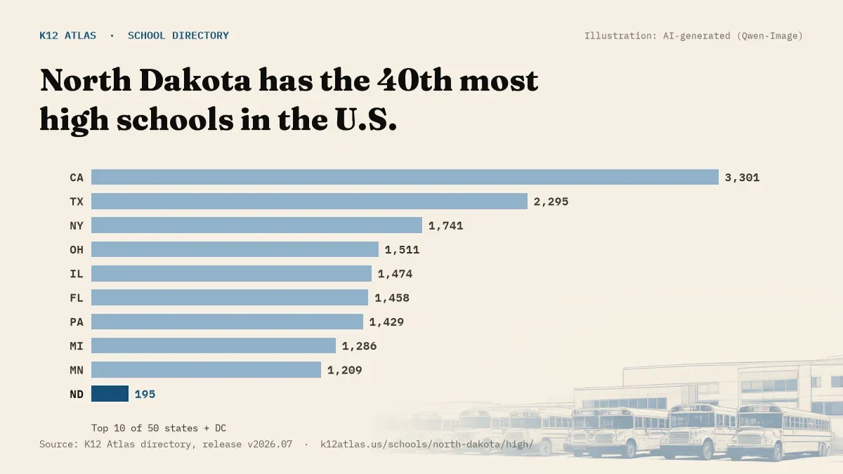 Bar chart of the states with the most high schools: North Dakota has the 40th most of the 50 states and DC, with 195.
