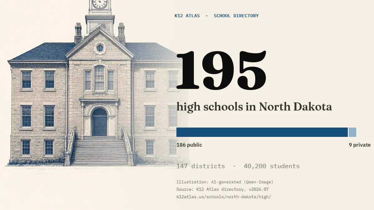 195 high schools in North Dakota: 186 public and 9 private, across 147 districts with 40,200 students.