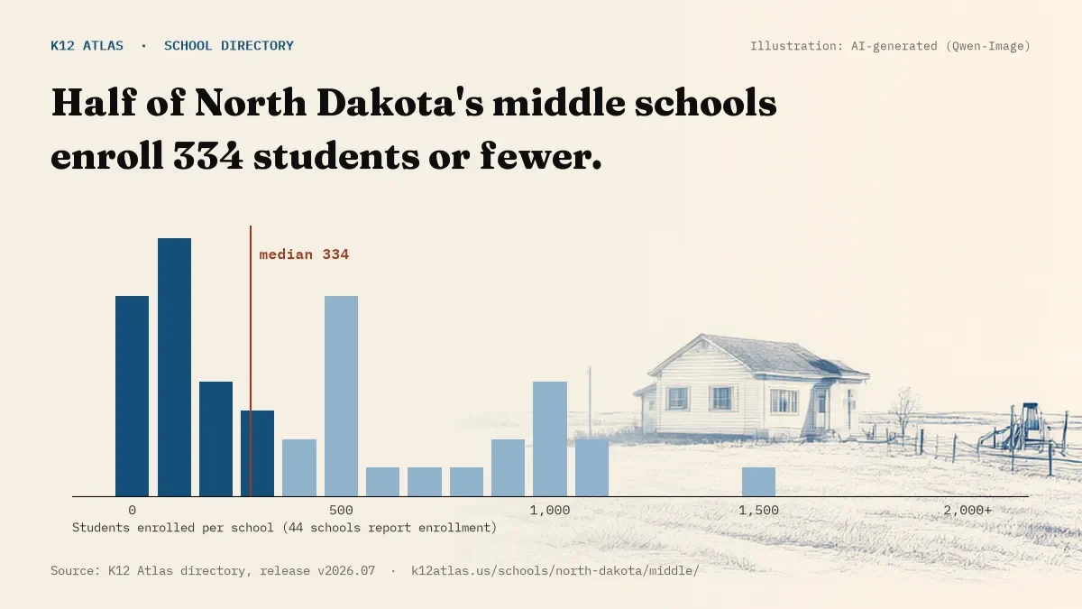 Histogram of enrollment: half of North Dakota's middle schools enroll 334 students or fewer (44 schools report enrollment).