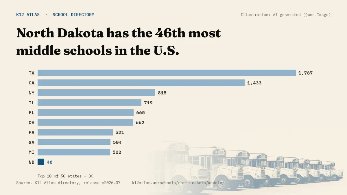 Bar chart of the states with the most middle schools: North Dakota has the 46th most of the 50 states and DC, with 46.
