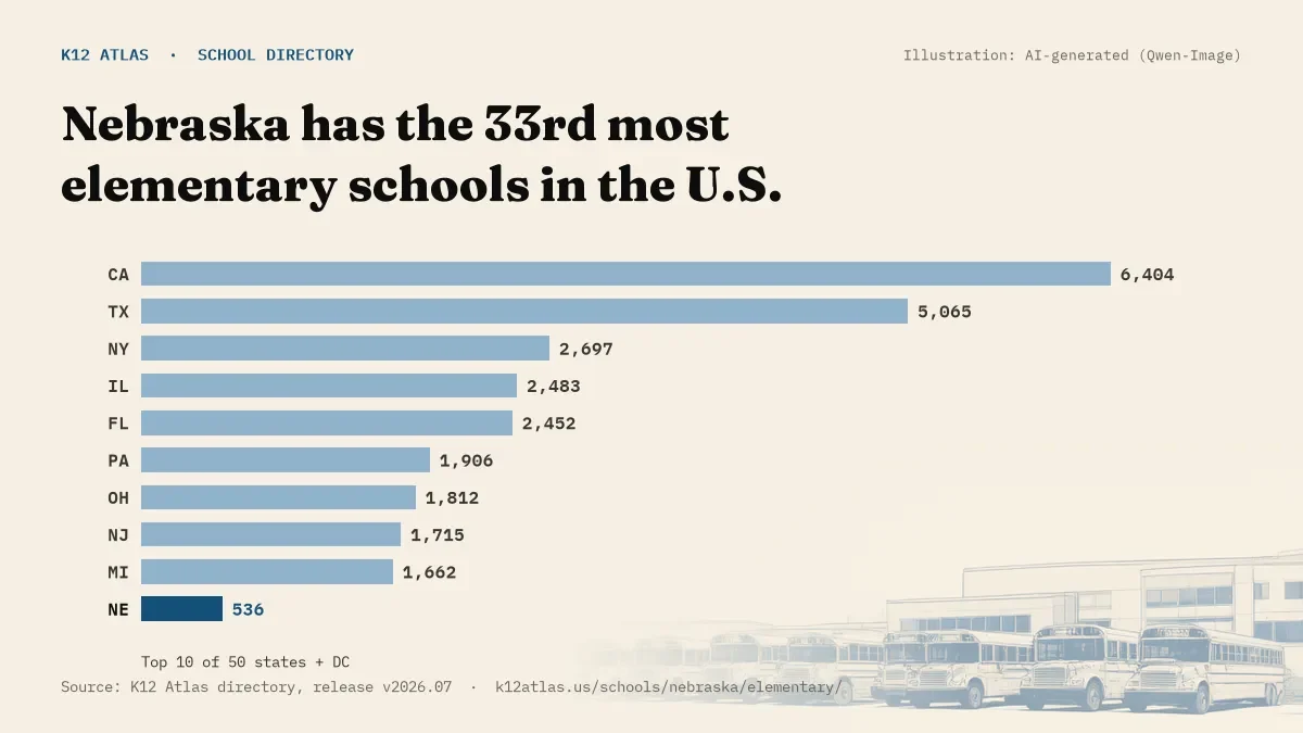 Bar chart of the states with the most elementary schools: Nebraska has the 33rd most of the 50 states and DC, with 536.