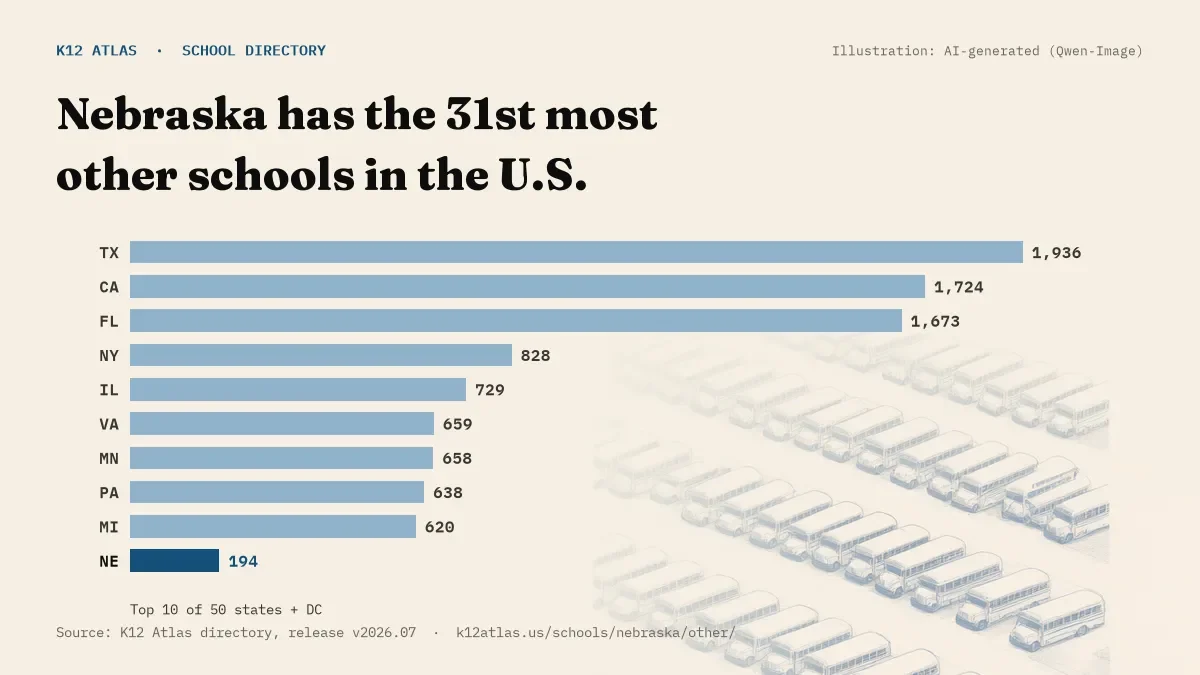 Bar chart of the states with the most other schools: Nebraska has the 31st most of the 50 states and DC, with 194.