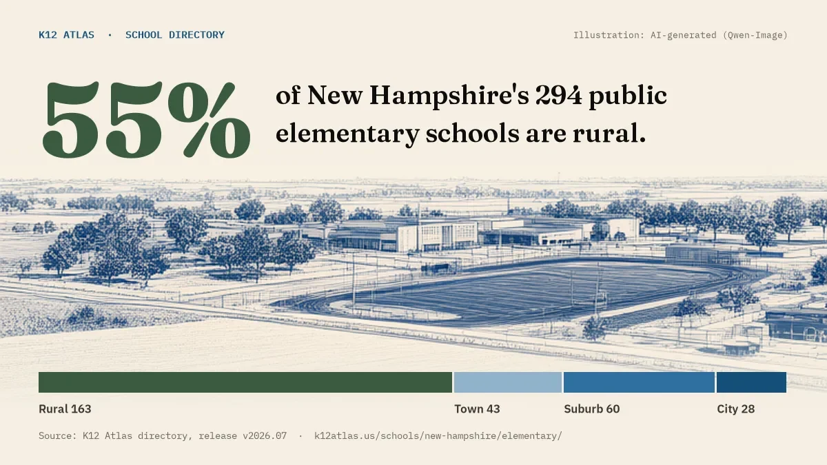 55% of New Hampshire's 294 public elementary schools are rural (rural 163, town 43, suburb 60, city 28).