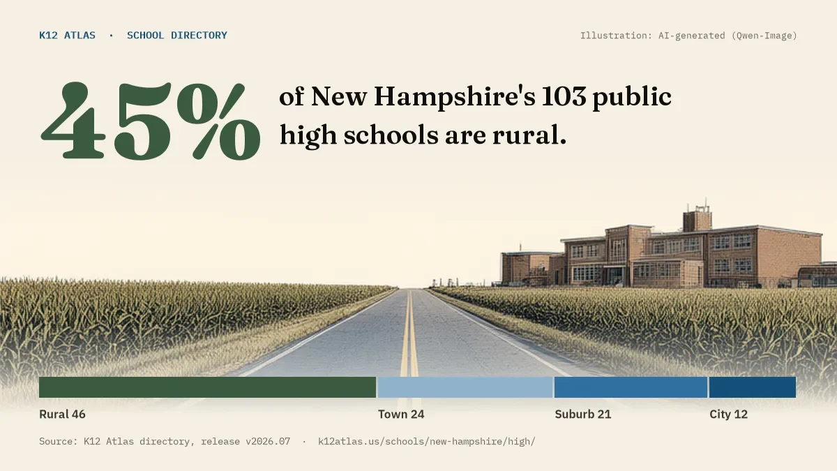 45% of New Hampshire's 103 public high schools are rural (rural 46, town 24, suburb 21, city 12).