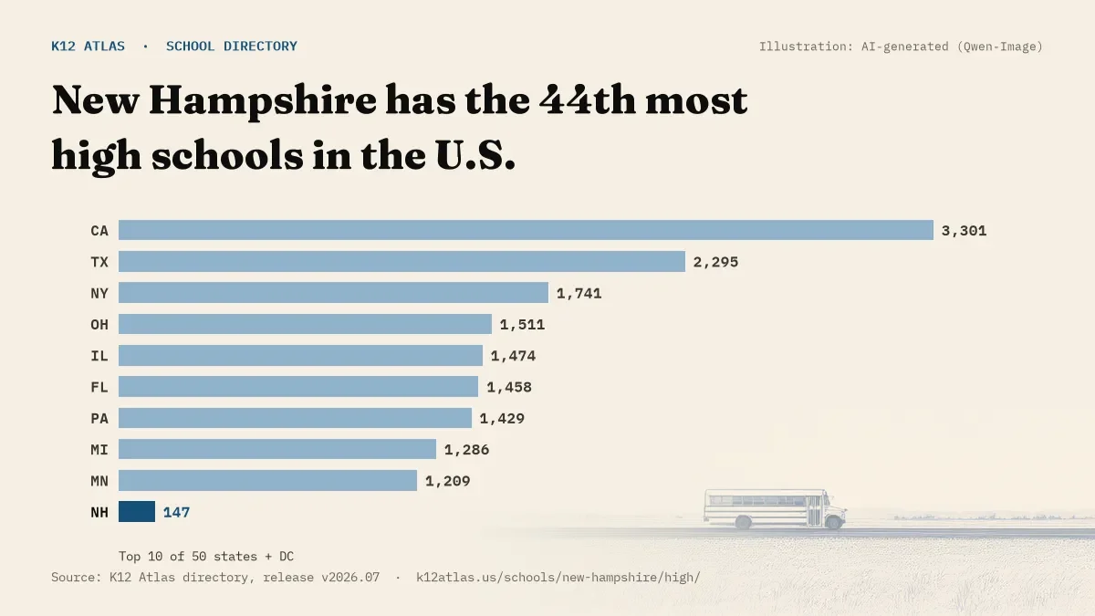 Bar chart of the states with the most high schools: New Hampshire has the 44th most of the 50 states and DC, with 147.