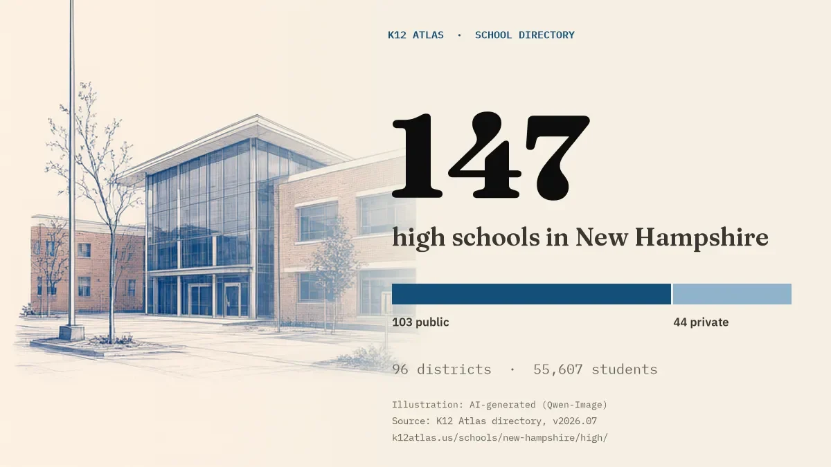 147 high schools in New Hampshire: 103 public and 44 private, across 96 districts with 55,607 students.