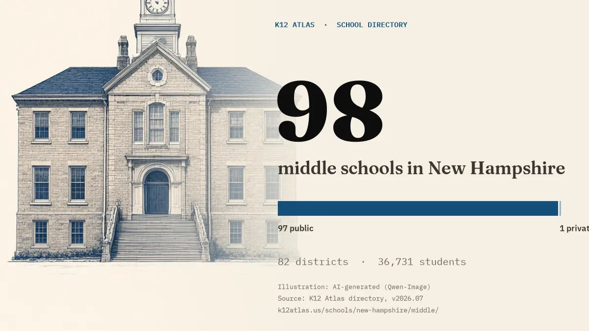 98 middle schools in New Hampshire: 97 public and 1 private, across 82 districts with 36,731 students.
