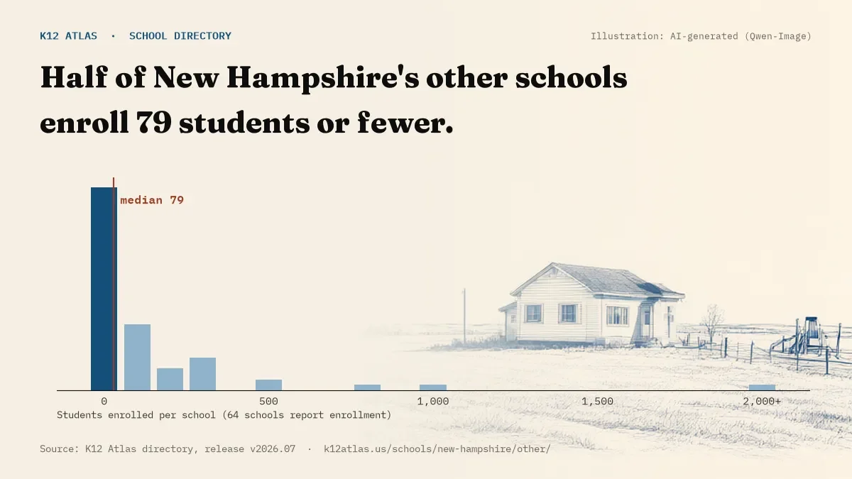 Histogram of enrollment: half of New Hampshire's other schools enroll 79 students or fewer (64 schools report enrollment).