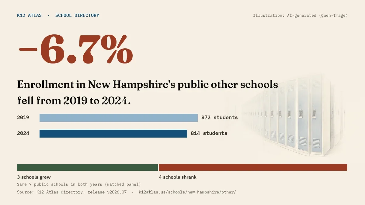 Enrollment in New Hampshire's public other schools fell 6.7% from 2019 to 2024, 872 to 814 students in the same 7 schools; 3 grew and 4 shrank.