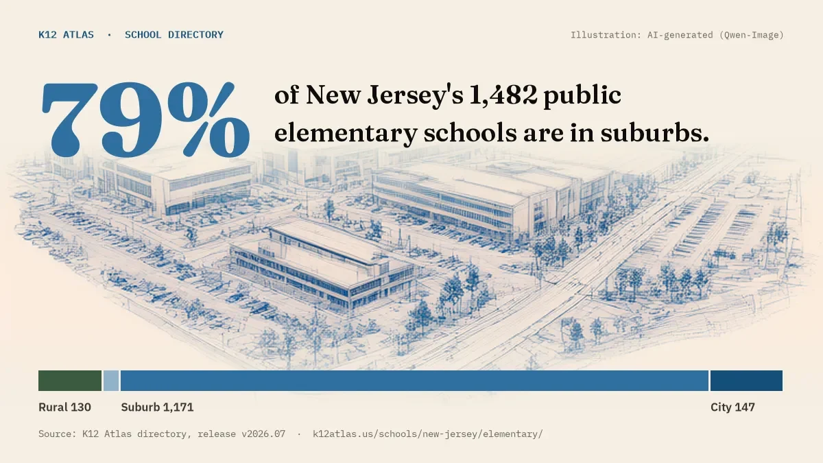 79% of New Jersey's 1,482 public elementary schools are in suburbs (rural 130, town 34, suburb 1,171, city 147).