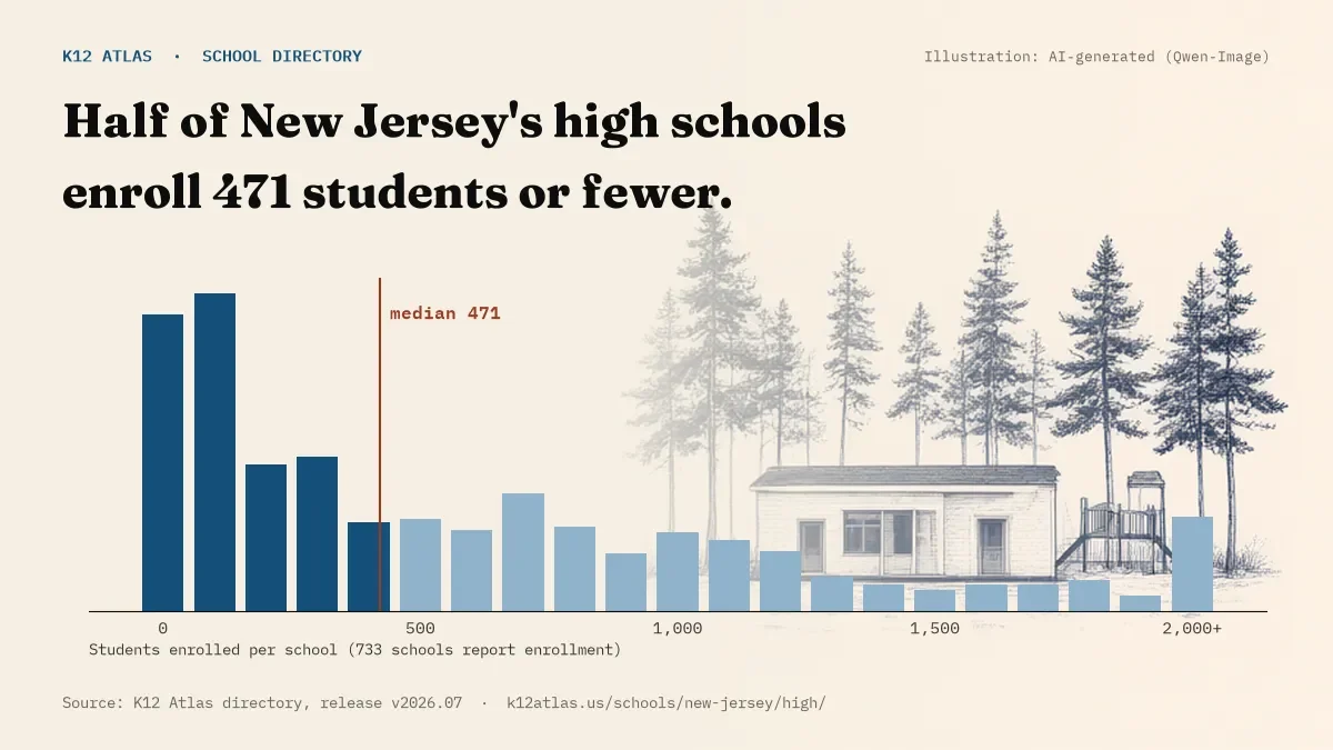 Histogram of enrollment: half of New Jersey's high schools enroll 471 students or fewer (733 schools report enrollment).