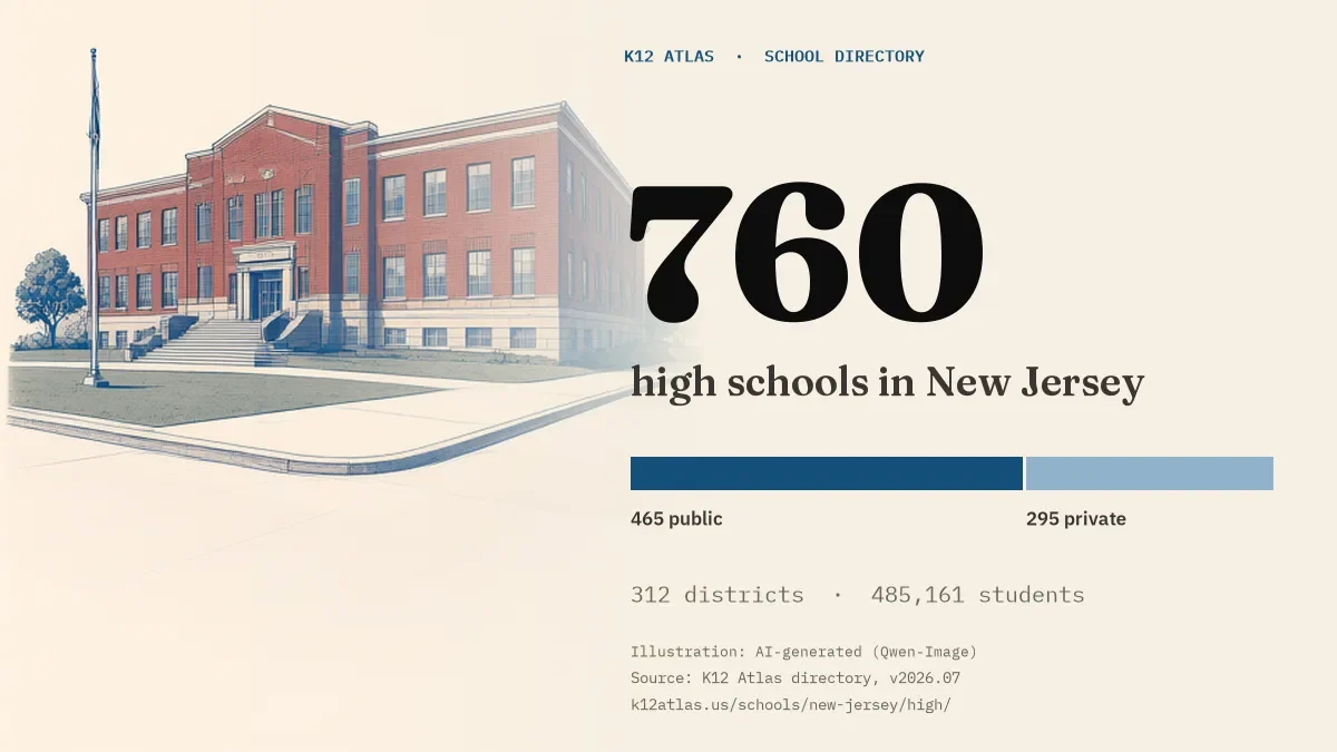 760 high schools in New Jersey: 465 public and 295 private, across 312 districts with 485,161 students.
