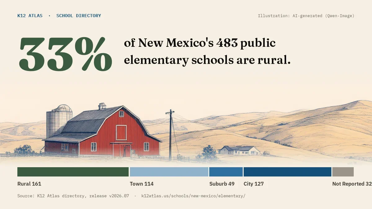 33% of New Mexico's 483 public elementary schools are rural (rural 161, town 114, suburb 49, city 127).
