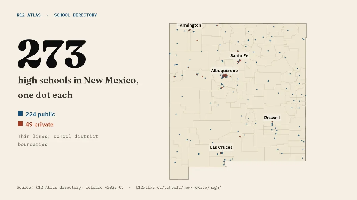 Map of New Mexico with one dot for each of its 269 mapped high schools, over school district boundaries.