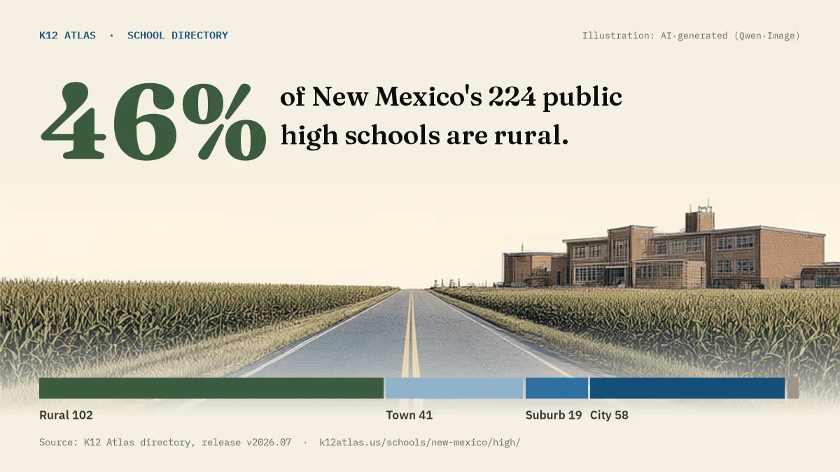 46% of New Mexico's 224 public high schools are rural (rural 102, town 41, suburb 19, city 58).