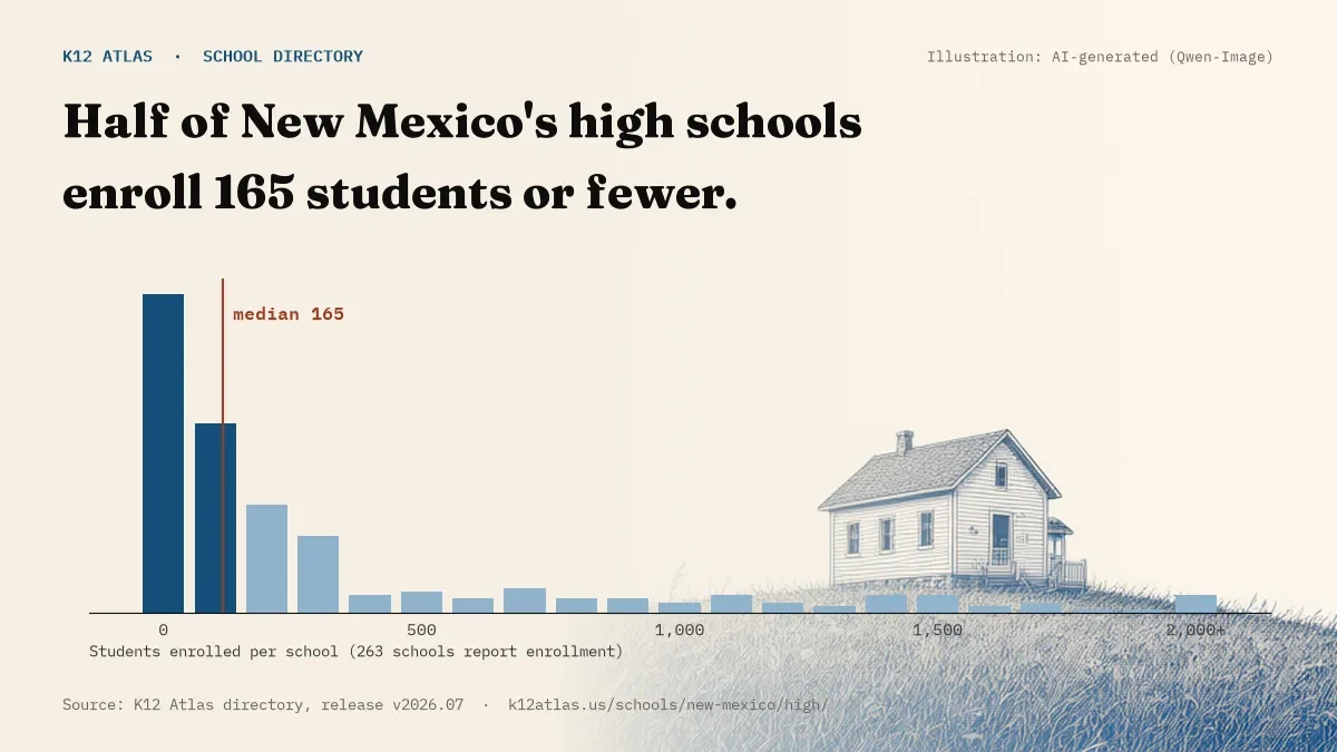 Histogram of enrollment: half of New Mexico's high schools enroll 165 students or fewer (263 schools report enrollment).