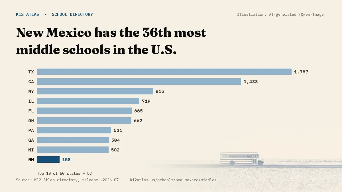 Bar chart of the states with the most middle schools: New Mexico has the 36th most of the 50 states and DC, with 158.