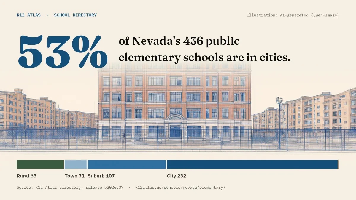 53% of Nevada's 436 public elementary schools are in cities (rural 65, town 31, suburb 107, city 232).