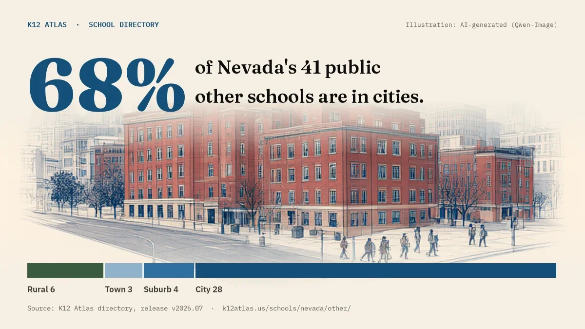 68% of Nevada's 41 public other schools are in cities (rural 6, town 3, suburb 4, city 28).