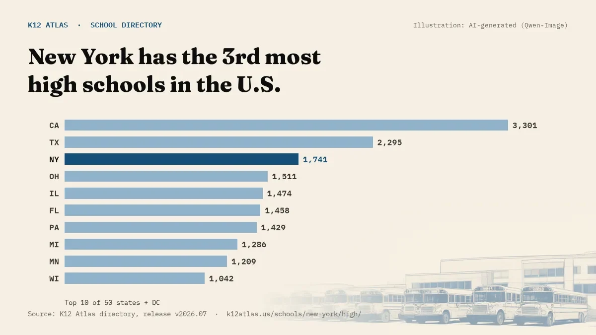 Bar chart of the states with the most high schools: New York has the 3rd most of the 50 states and DC, with 1,741.