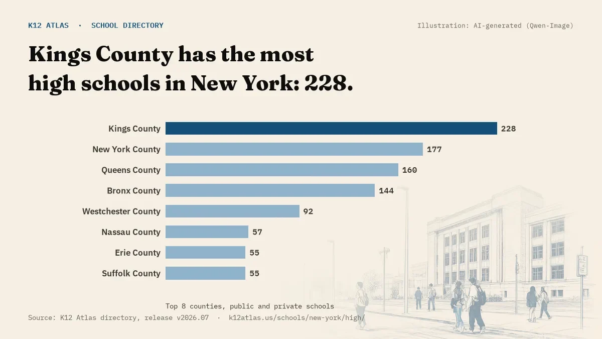 Bar chart of New York counties by number of high schools: Kings County has the most, 228.