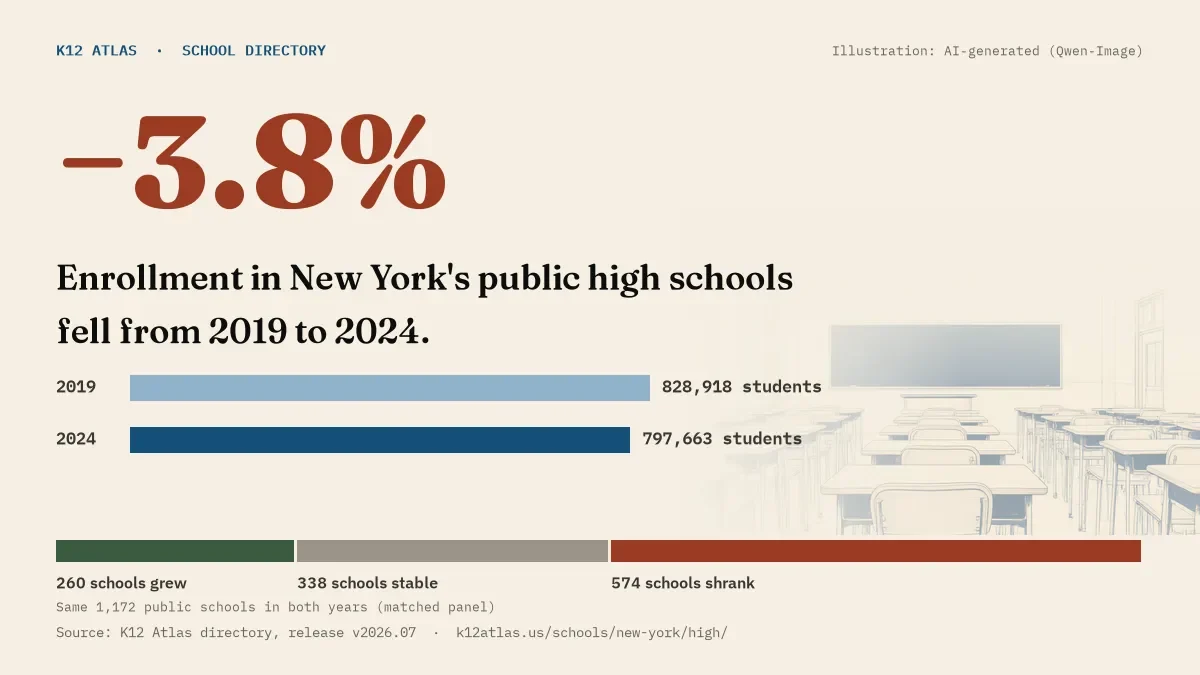 Enrollment in New York's public high schools fell 3.8% from 2019 to 2024, 828,918 to 797,663 students in the same 1,172 schools; 260 grew and 574 shrank.