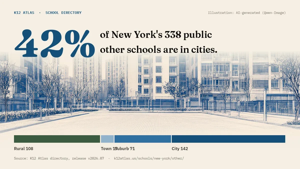 42% of New York's 338 public other schools are in cities (rural 108, town 17, suburb 71, city 142).