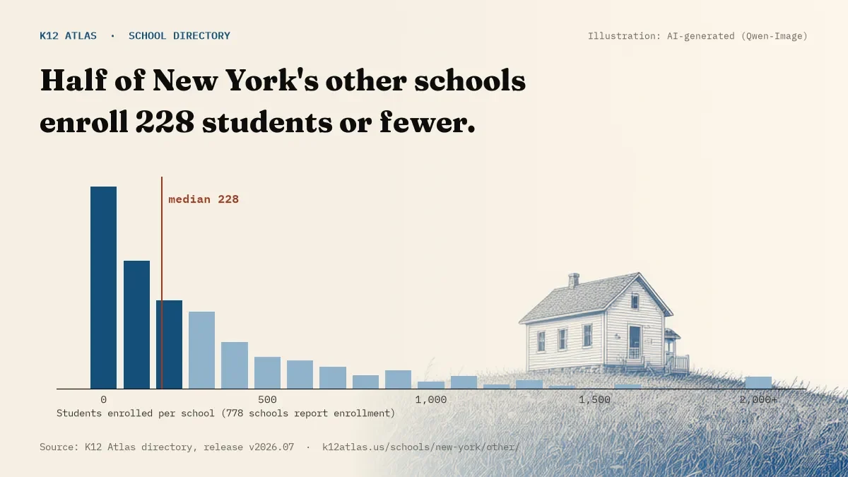 Histogram of enrollment: half of New York's other schools enroll 228 students or fewer (778 schools report enrollment).