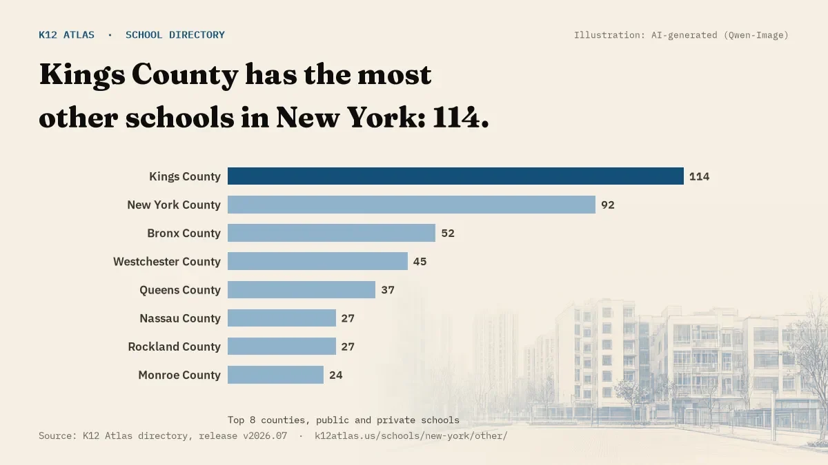 Bar chart of New York counties by number of other schools: Kings County has the most, 114.