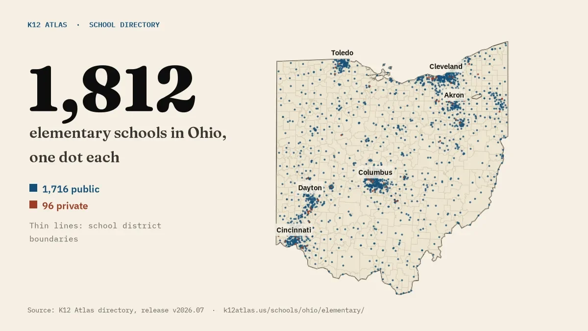 Map of Ohio with one dot for each of its 1,812 mapped elementary schools, over school district boundaries.