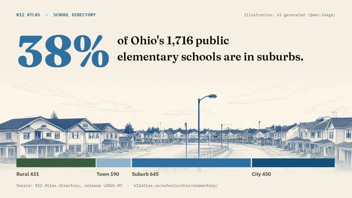 38% of Ohio's 1,716 public elementary schools are in suburbs (rural 431, town 190, suburb 645, city 450).