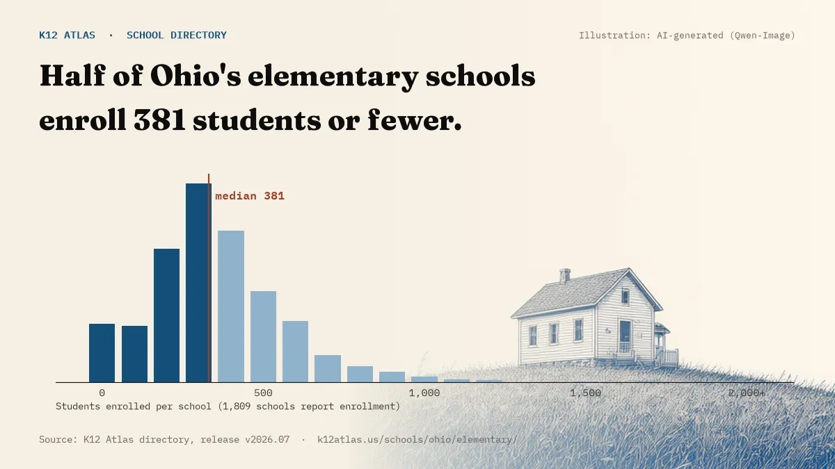 Histogram of enrollment: half of Ohio's elementary schools enroll 381 students or fewer (1,809 schools report enrollment).