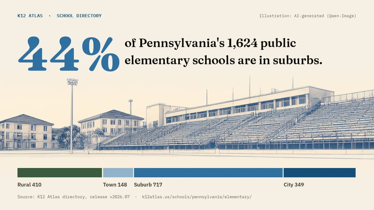 44% of Pennsylvania's 1,624 public elementary schools are in suburbs (rural 410, town 148, suburb 717, city 349).