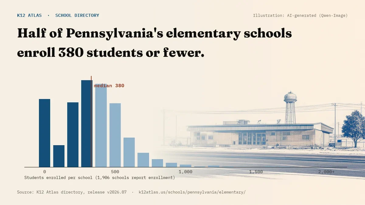 Histogram of enrollment: half of Pennsylvania's elementary schools enroll 380 students or fewer (1,906 schools report enrollment).