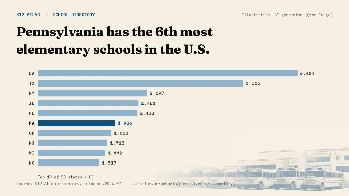 Bar chart of the states with the most elementary schools: Pennsylvania has the 6th most of the 50 states and DC, with 1,906.