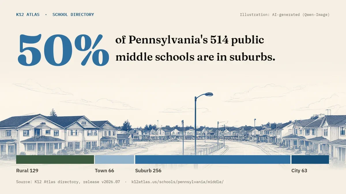 50% of Pennsylvania's 514 public middle schools are in suburbs (rural 129, town 66, suburb 256, city 63).