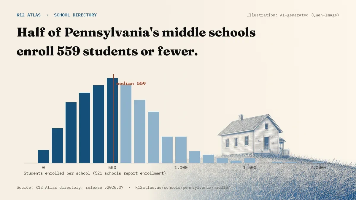 Histogram of enrollment: half of Pennsylvania's middle schools enroll 559 students or fewer (521 schools report enrollment).