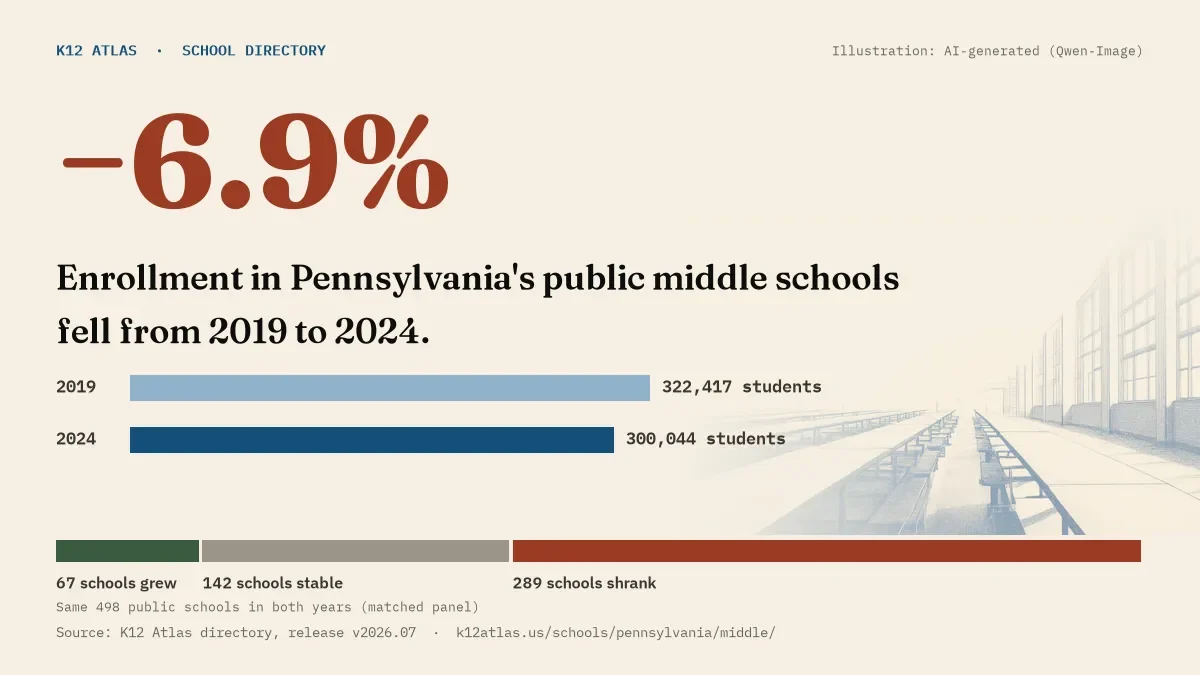 Enrollment in Pennsylvania's public middle schools fell 6.9% from 2019 to 2024, 322,417 to 300,044 students in the same 498 schools; 67 grew and 289 shrank.