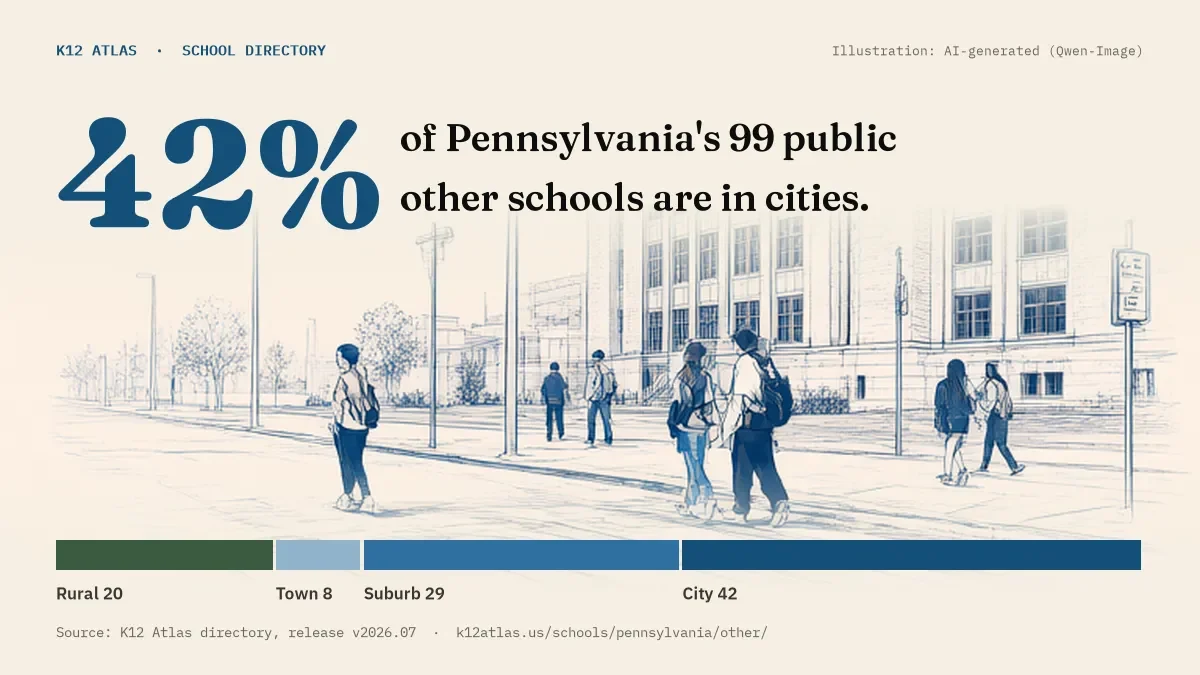 42% of Pennsylvania's 99 public other schools are in cities (rural 20, town 8, suburb 29, city 42).