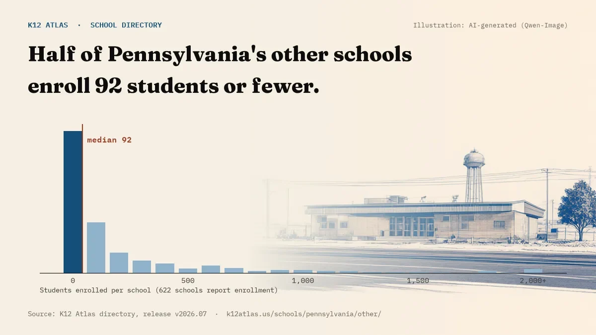 Histogram of enrollment: half of Pennsylvania's other schools enroll 92 students or fewer (622 schools report enrollment).